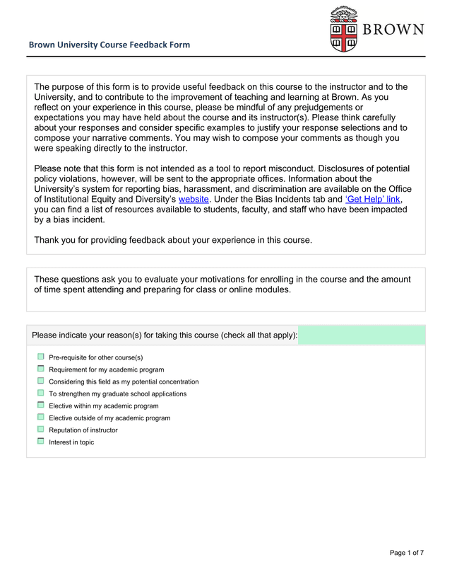 Course Evaluation Form screenshot