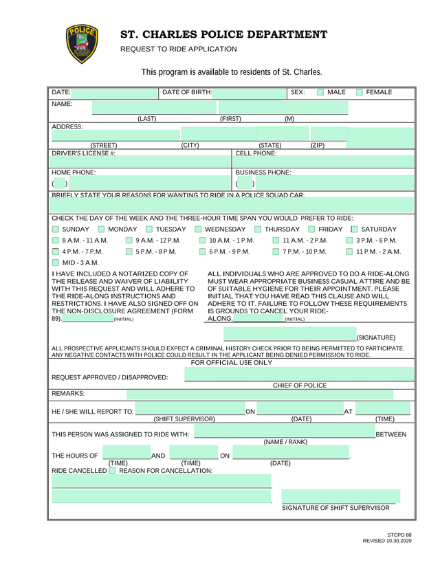 St. Charles Police Department Request To Ride Application screenshot