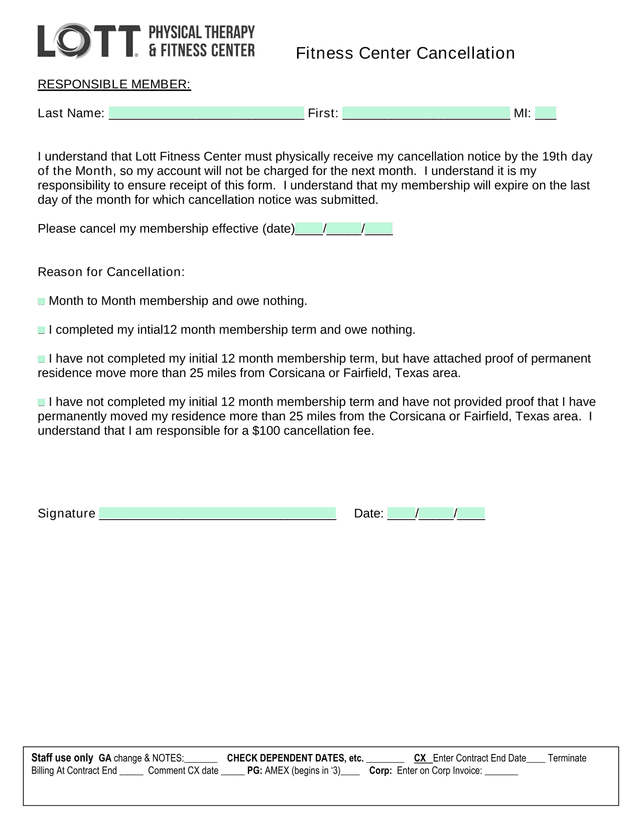 Fitness Center Cancellation screenshot