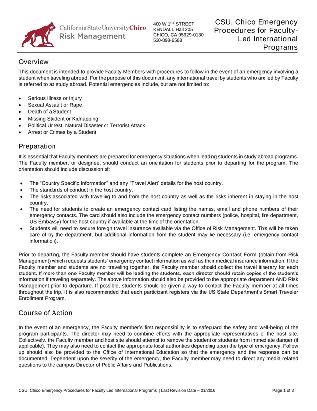 CSU, Chico Emergency Procedures For Faculty Led International Programs screenshot