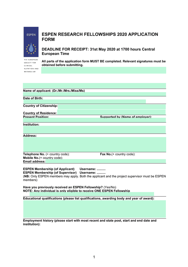 ESPEN RESEARCH FELLOWSHIPS 2020 APPLICATION FORM screenshot