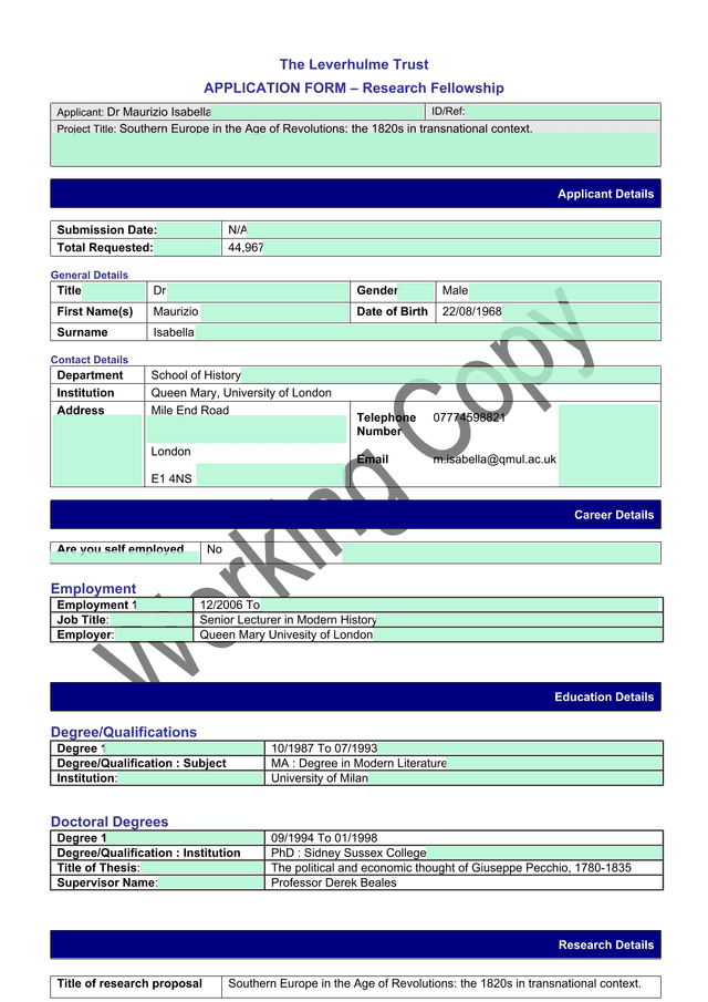 Leverhulme Trust Research Fellowship Application Form screenshot