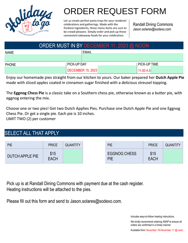 Pie Order Request Form screenshot