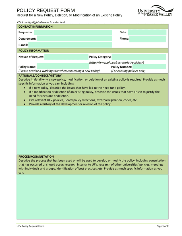 UFV Policy Request Form screenshot