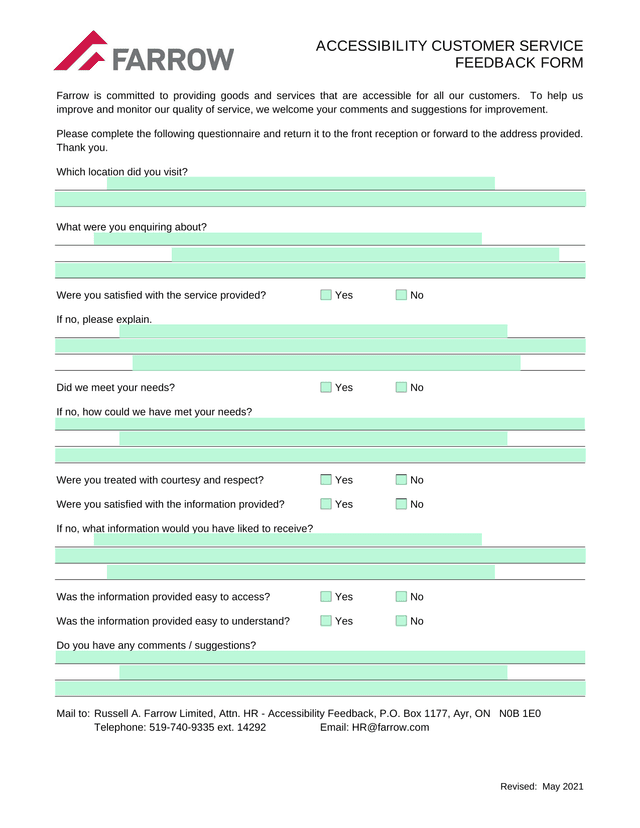 Accessibility Customer Service Feedback Form screenshot
