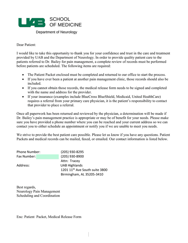 UAB Neurology Pain Management Patient Intake Letter screenshot