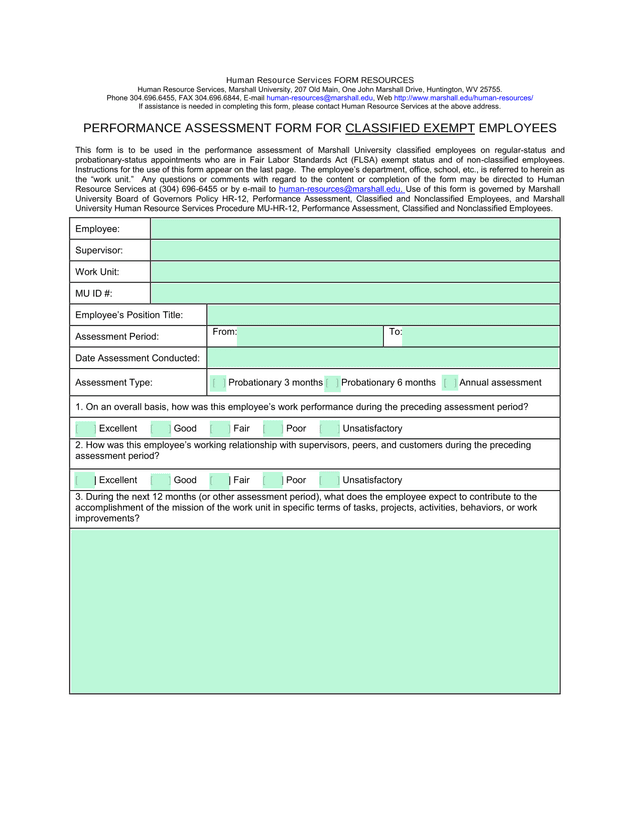Performance Assessment Form For Classified Exempt Employees screenshot