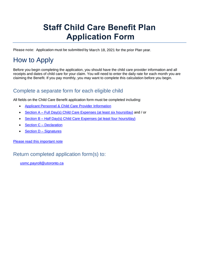 Staff Child Care Benefit Plan Application Form screenshot