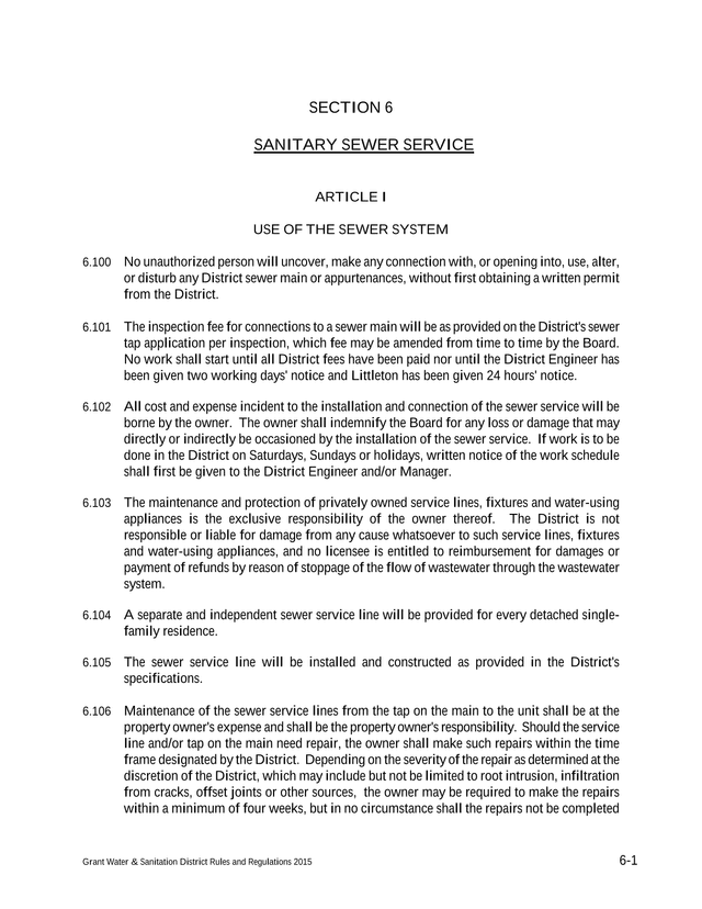 Grant Water  Sanitation District Rules And Regulations 2015 screenshot