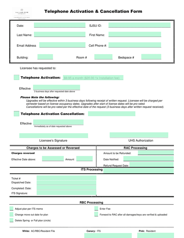 Telephone Activation  Cancellation Form screenshot