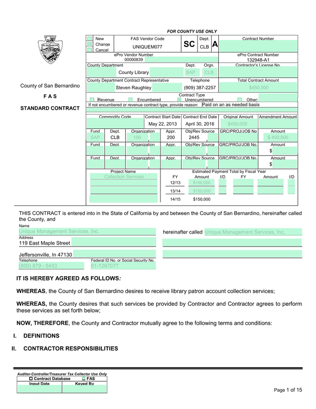 County Of San Bernardino Standard Contract screenshot