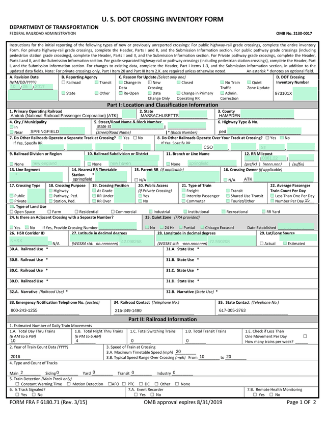 U.S. DOT Crossing Inventory Form screenshot