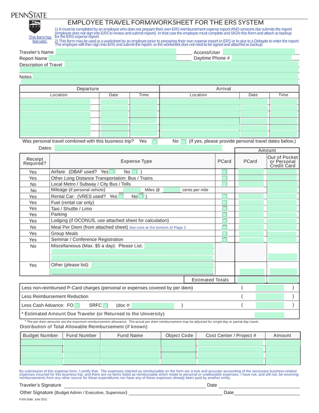 EMPLOYEE TRAVEL FORMWORKSHEET FOR THE ERS SYSTEM screenshot