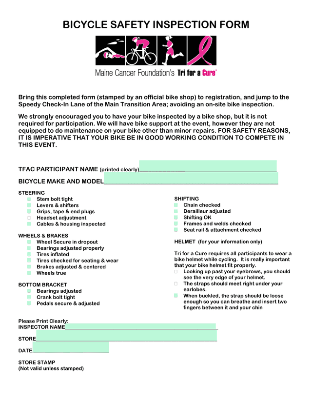 Bicycle Safety Inspection Form screenshot