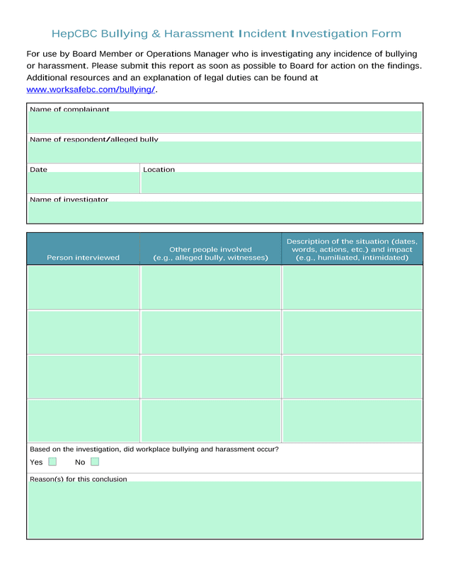 HepCBC Bullying  Harassment Incident Investigation Form screenshot