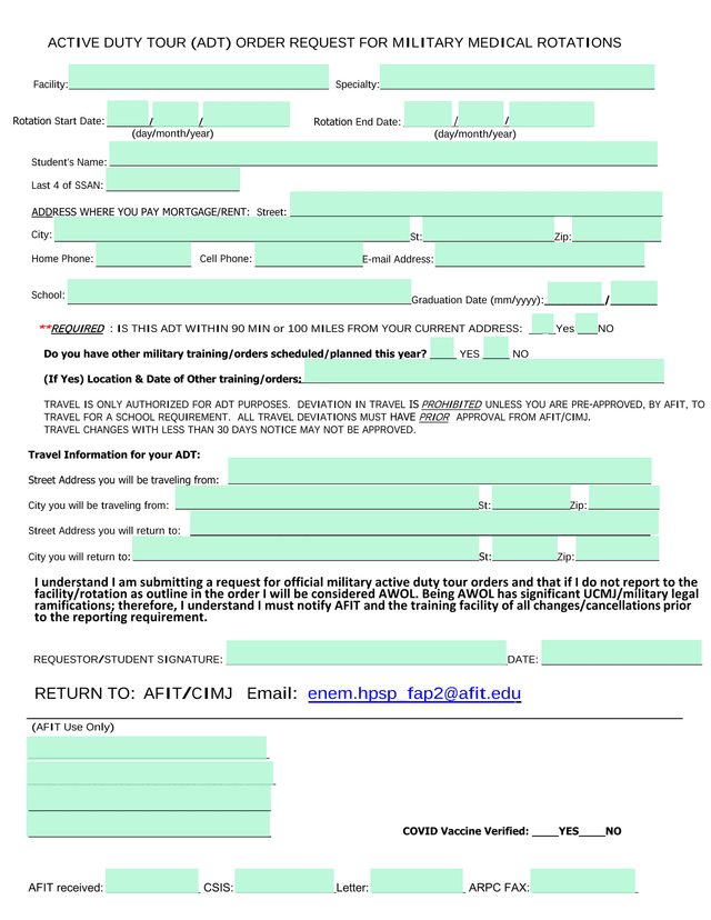 Active Duty Tour (ADT) Order Request For Military Medical Rotations screenshot
