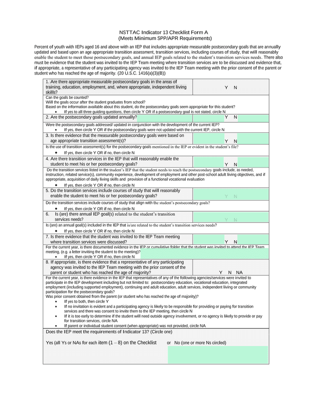 NSTTAC Indicator 13 Checklist Form A screenshot