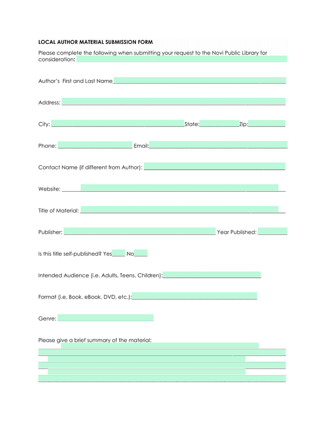 LOCAL AUTHOR MATERIAL SUBMISSION FORM screenshot