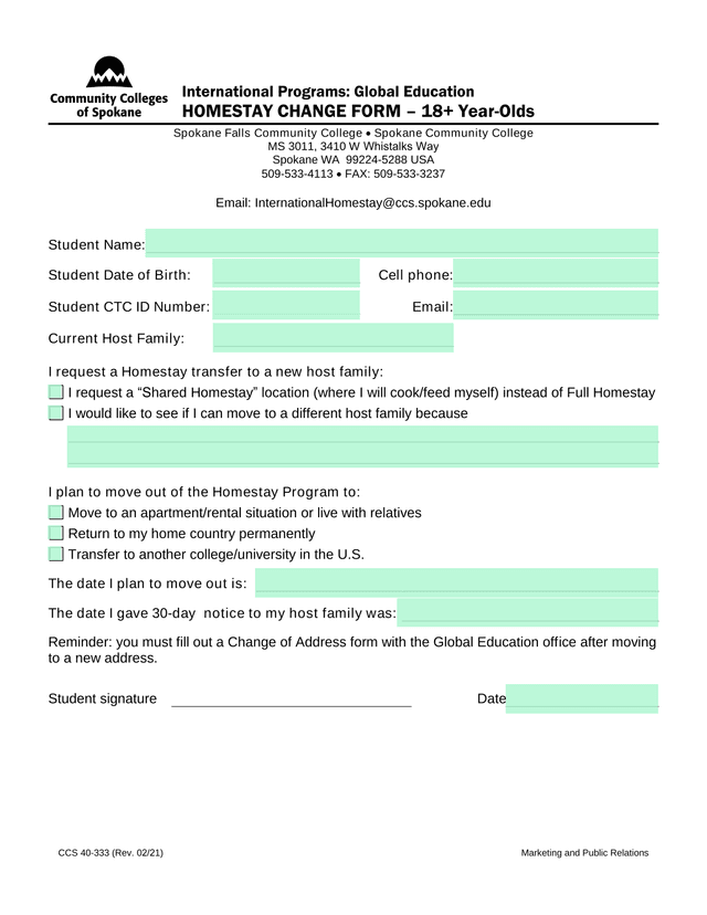 Homestay Change Form  18 Year Olds screenshot