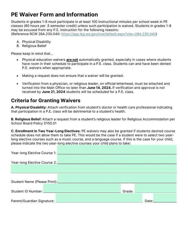 PE Waiver Form And Information screenshot