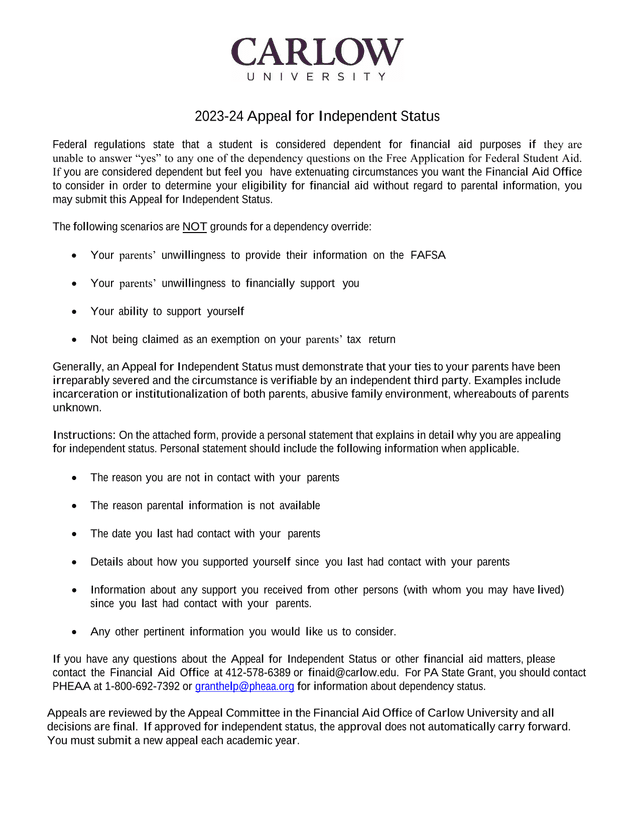 2023 24 Appeal For Independent Status screenshot