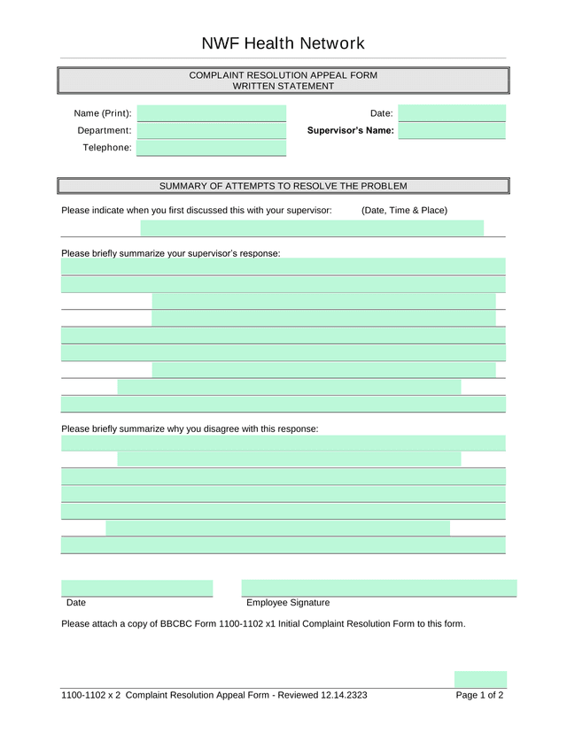 Complaint Resolution Appeal Form screenshot