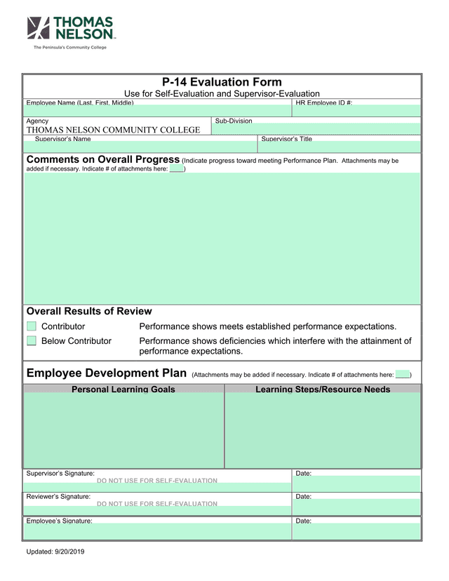 P 14 Evaluation Form screenshot