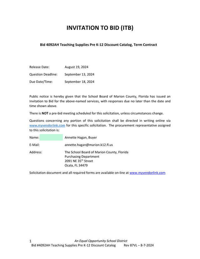 Invitation To Bid (ITB)   Teaching Supplies Pre K 12 Discount Catalog screenshot