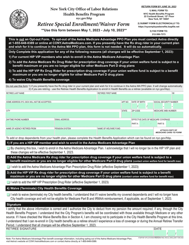Retiree Special EnrollmentWaiver Form screenshot