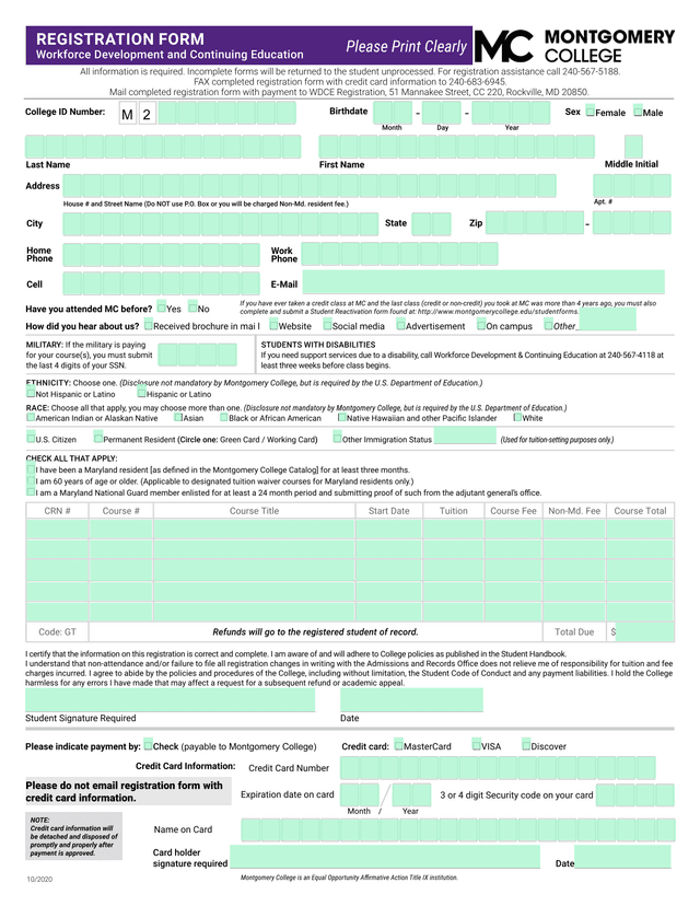 Montgomery College Registration Form screenshot