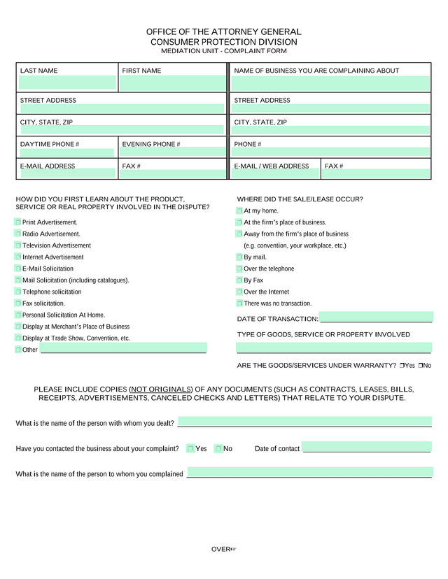 Mediation Unit   Complaint Form screenshot