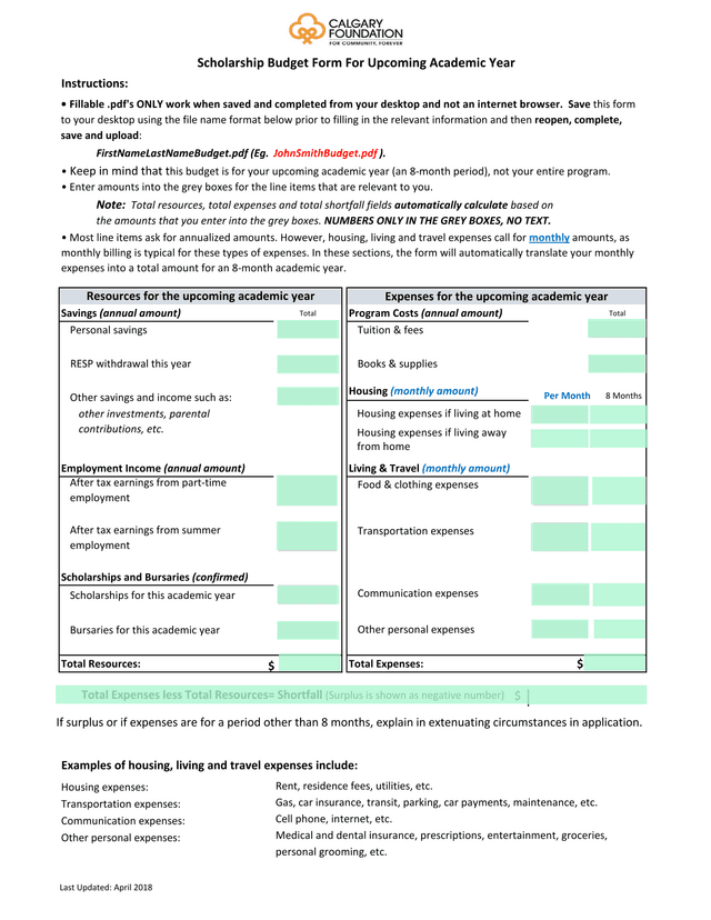 Scholarship Budget Form For Upcoming Academic Year screenshot