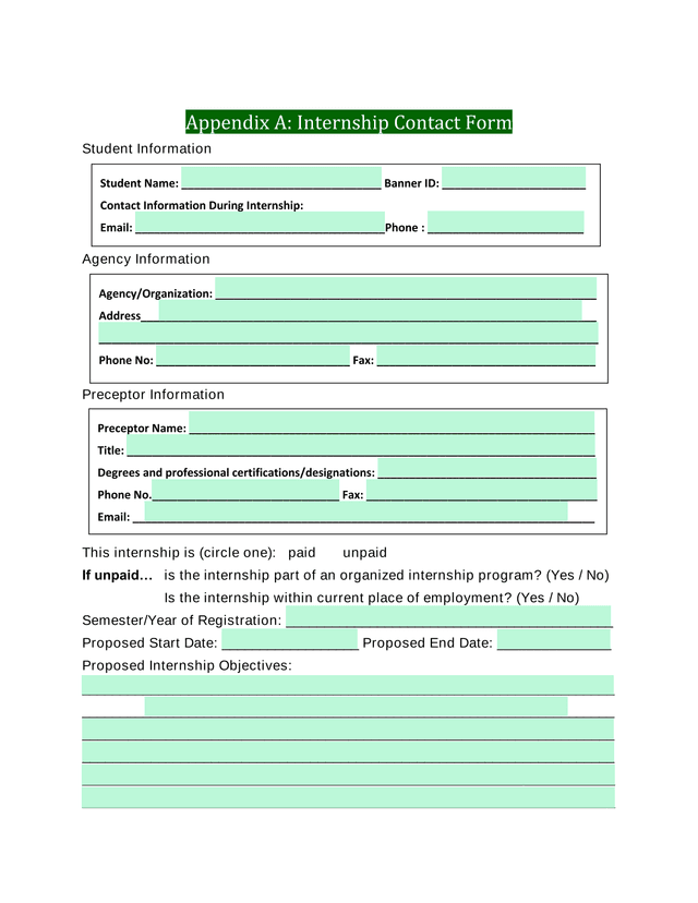 Appendix A Internship Contact Form screenshot