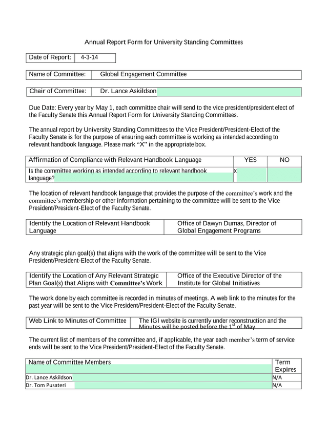 Annual Report Form For University Standing Committees screenshot