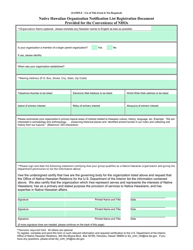 Native Hawaiian Organization Notification List Registration Document screenshot