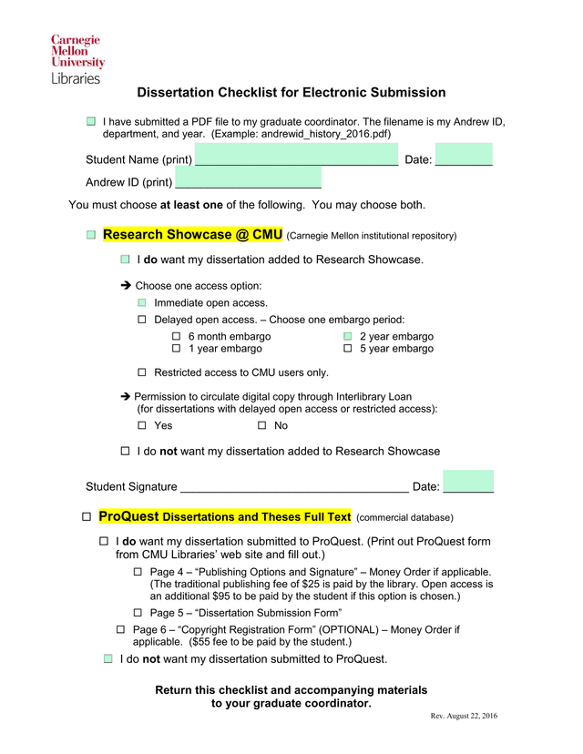 Dissertation Checklist For Electronic Submission screenshot