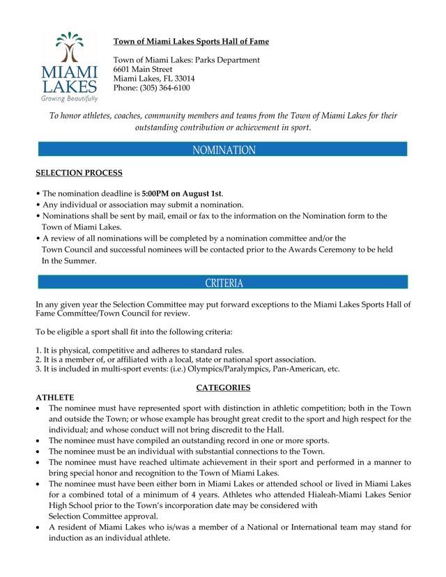 Town Of Miami Lakes Sports Hall Of Fame Nomination Form screenshot