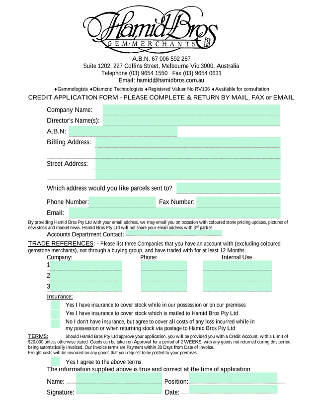 Credit Application Form screenshot
