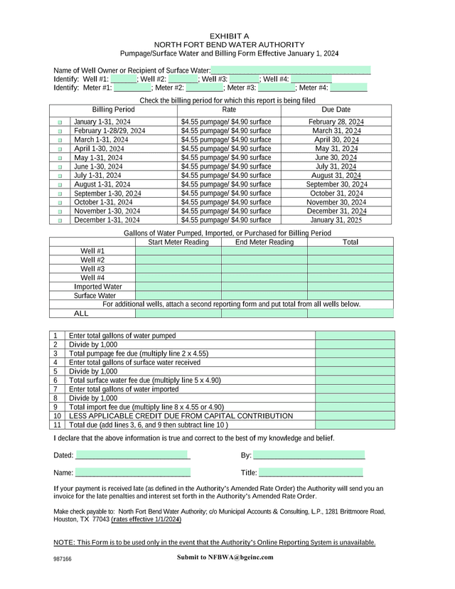 North Fort Bend Water Authority PumpageSurface Water And Billing Form screenshot