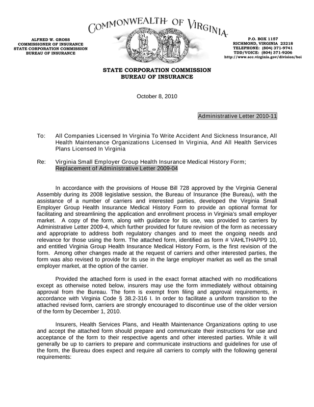 Virginia Small Employer Group Health Insurance Medical History Form screenshot