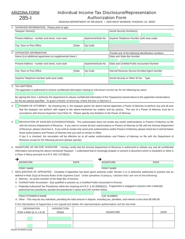 Arizona Form 285 I Individual Income Tax DisclosureRepresentation Authorization Form screenshot