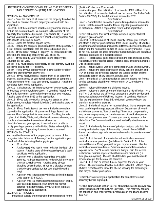 Property Tax Reduction (PTR) Application Instructions screenshot