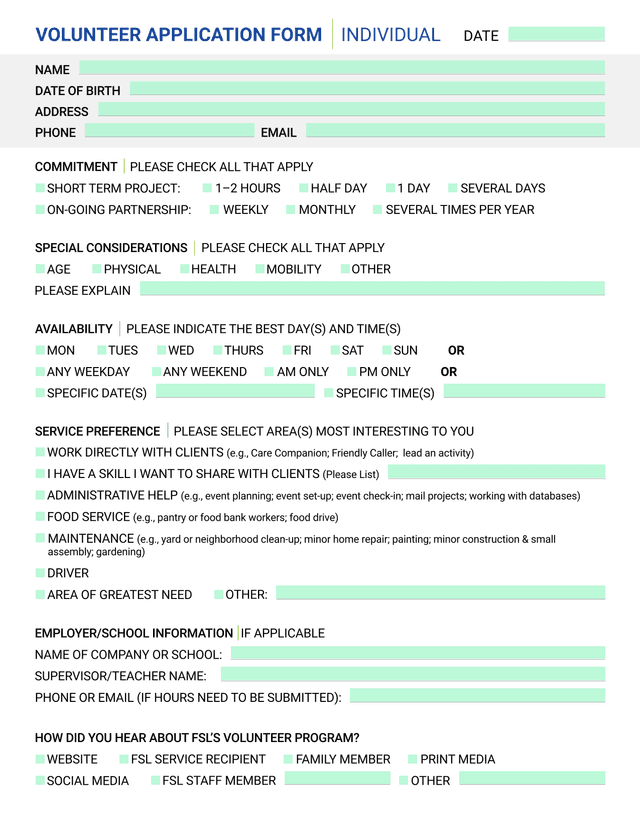VOLUNTEER APPLICATION FORM screenshot