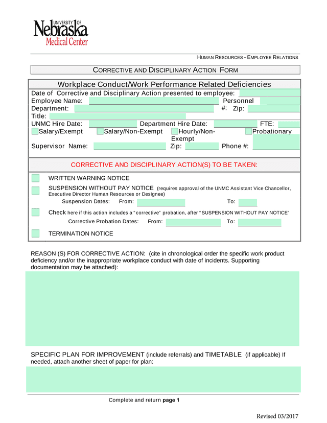 Corrective And Disciplinary Action Form screenshot
