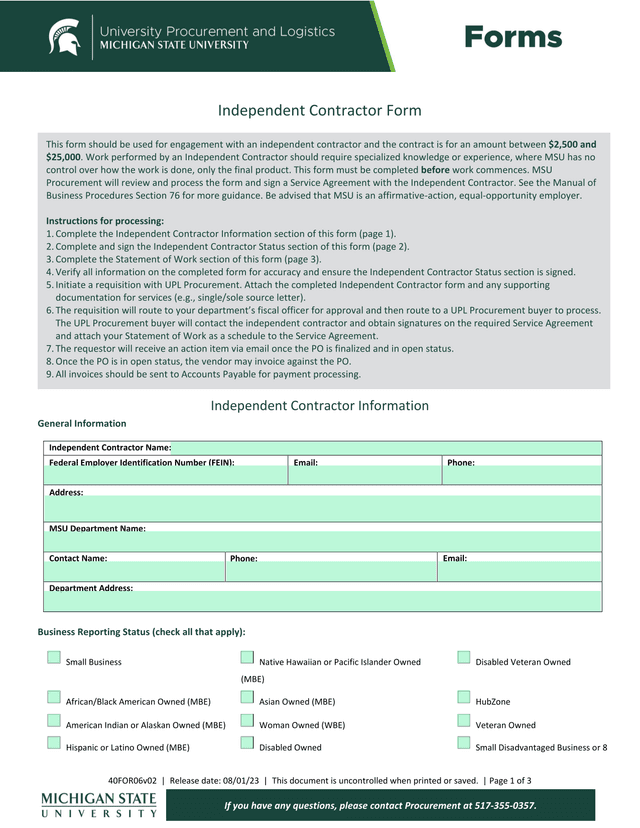 Independent Contractor Form screenshot