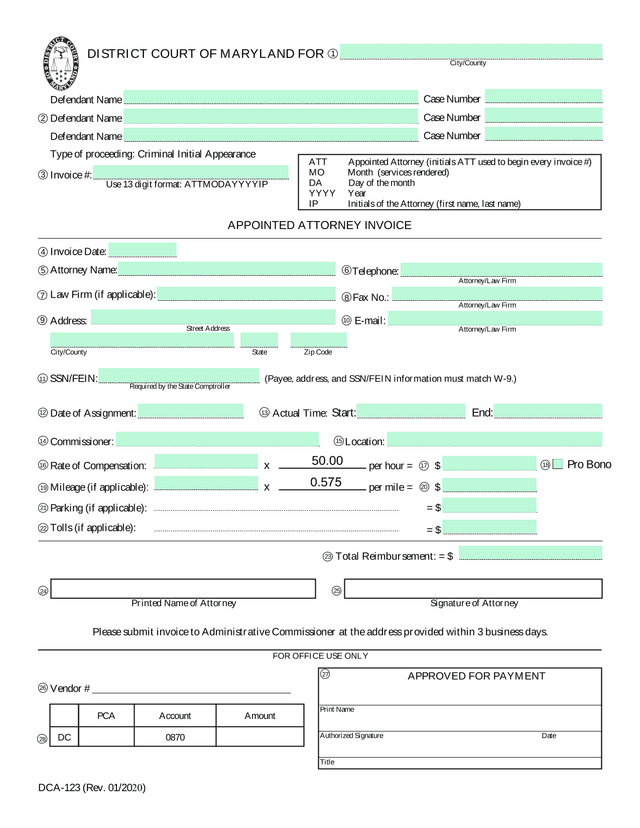 APPOINTED ATTORNEY INVOICE (Form DCA 123) screenshot