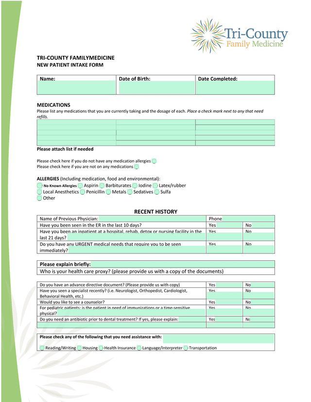 TRI COUNTY FAMILY MEDICINE NEW PATIENT INTAKE FORM screenshot