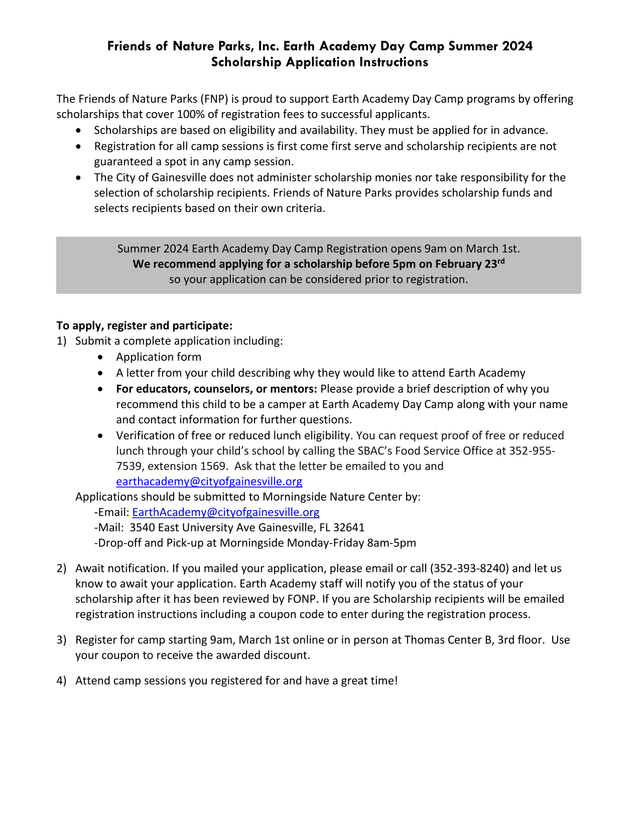 Earth Academy Day Camp Summer 2024 Scholarship Application Instructions screenshot