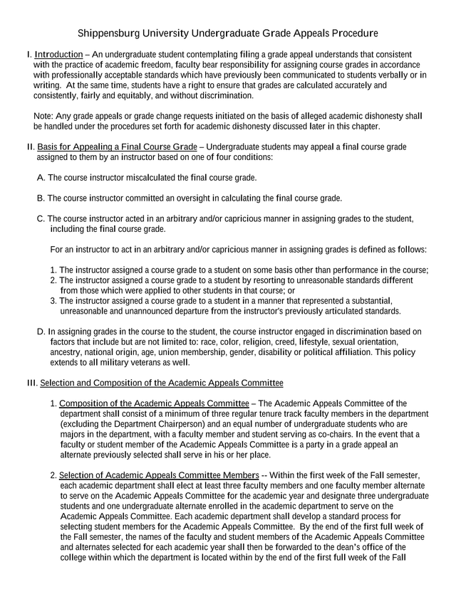 Shippensburg University Undergraduate Grade Appeals Procedure screenshot