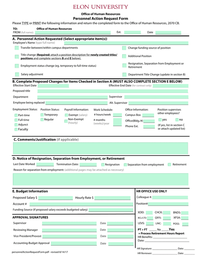 Personnel Action Request Form screenshot